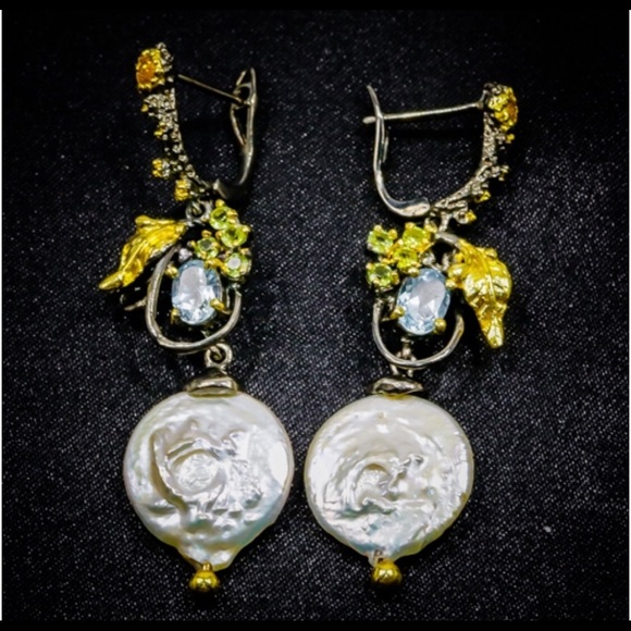 Romantic Genuine Baroque Pearl Earrings with Gems